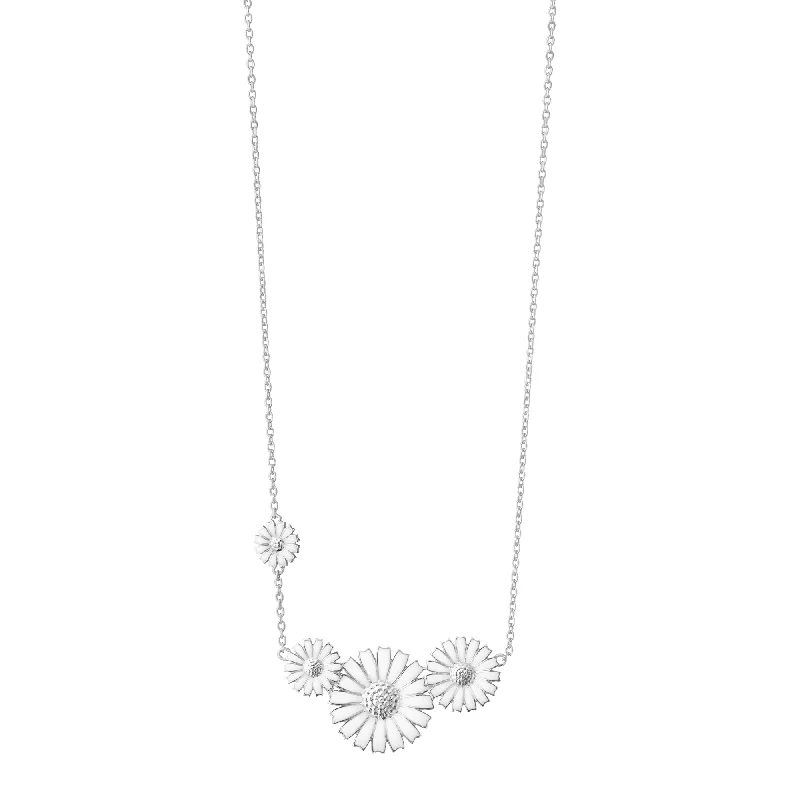 women's pearl necklace -Daisy Silver And White Enamel Four Flowers Necklace