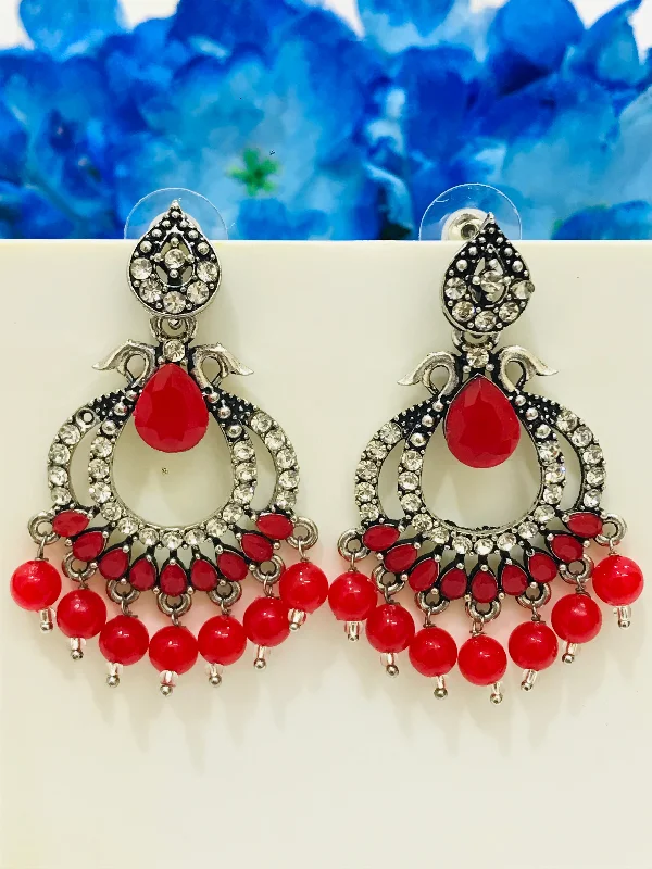 women's bohemian earrings -Fabulous Silver With Red And White Stones Oxidized Earrings