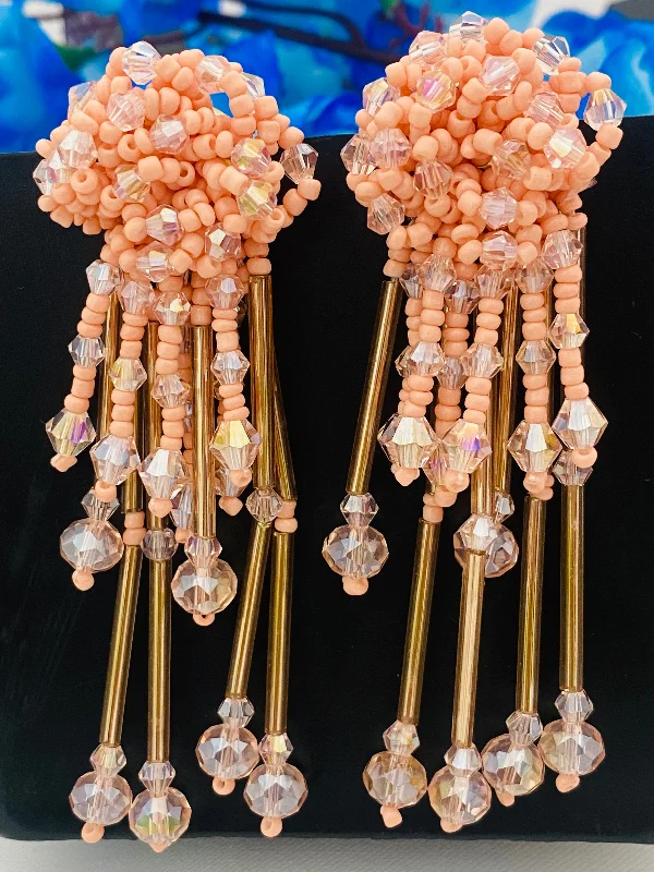 women's matching diamond earrings -Lovely Peach Colored Hanging Fancy Crystal Earrings