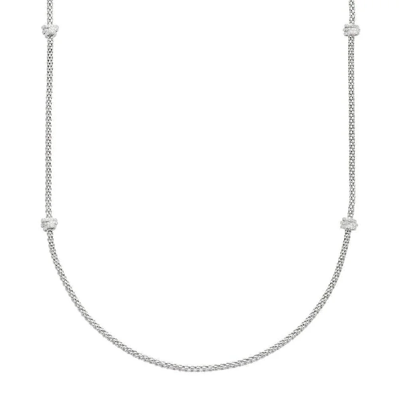 women's adjustable pendant necklace -Prima 18ct White Gold Long Necklace With Pave Set Diamond Rondels