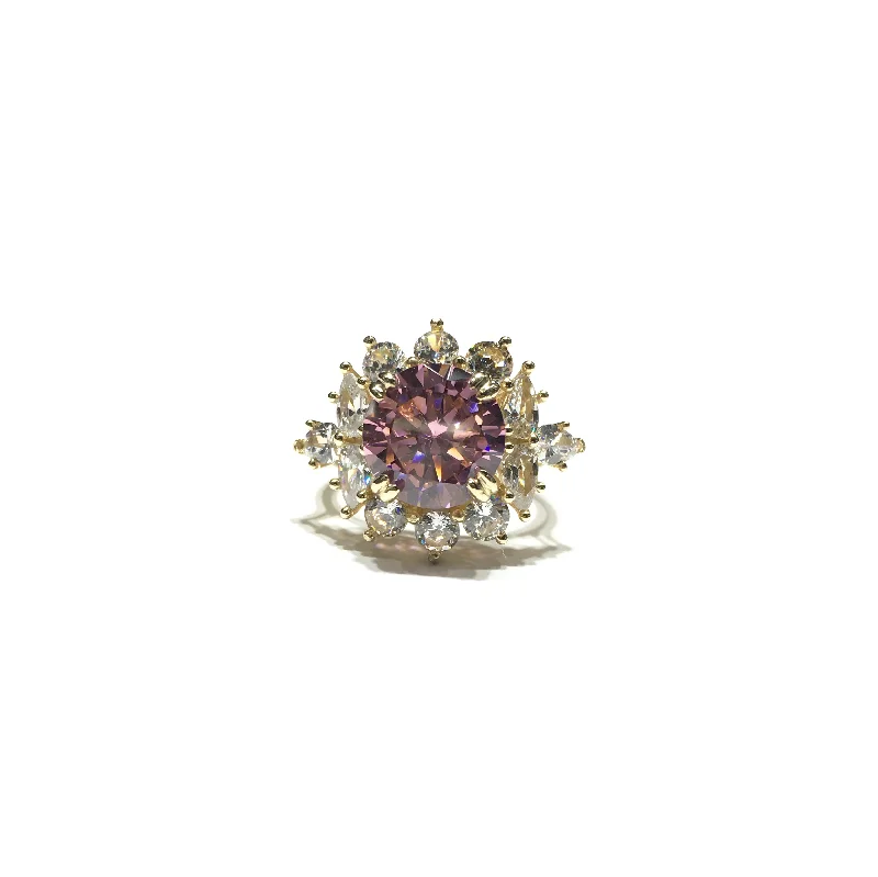 women's unique engagement ring -Round Light Pink CZ Sunburst Statement Ring (14K)