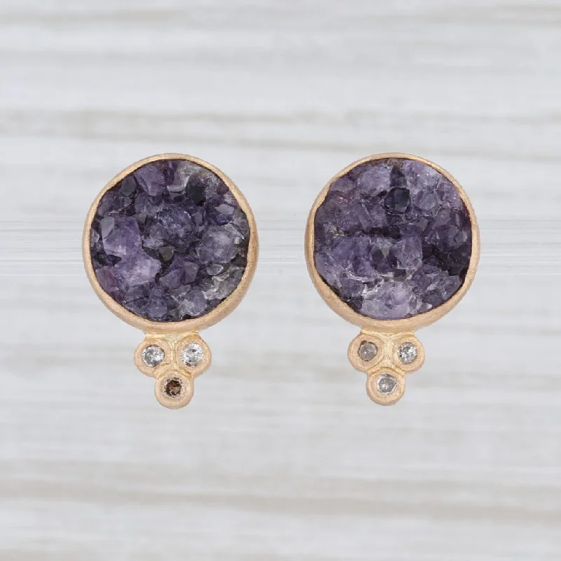 women's bridal earrings -New Nina Nguyen Amethyst Druzy Diamond Earrings 18k Yellow Gold Studs