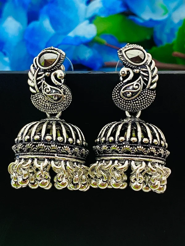 women's sapphire earrings -Elegant Traditional Silver Oxidized Designer Peacock Earrings With Beeds