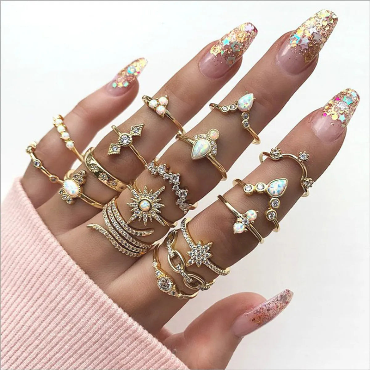 colored gemstone engagement rings for women -Bohemian Sun Wave Geometric Diamond 17-piece Set Ring