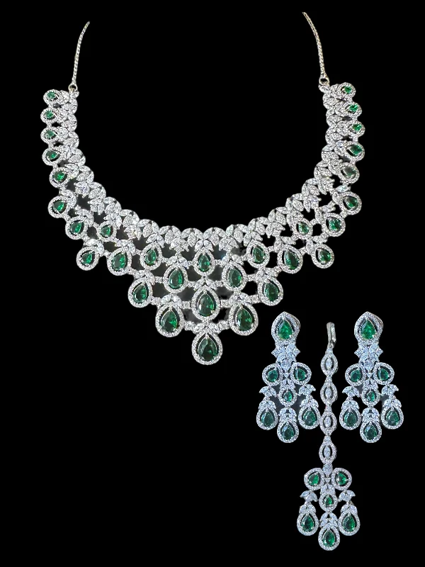 women's gold chain necklace -NS515 Silver plated necklace with earrings tika in green ( READY TO SHIP)