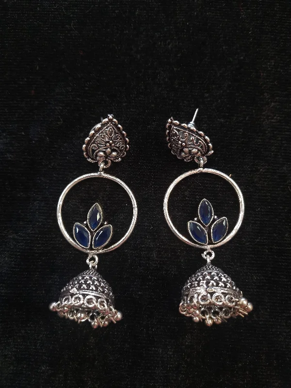 women's long drop earrings -Alluring Navy Blue Color Floral Design Silver Oxidized Jhumka For Women