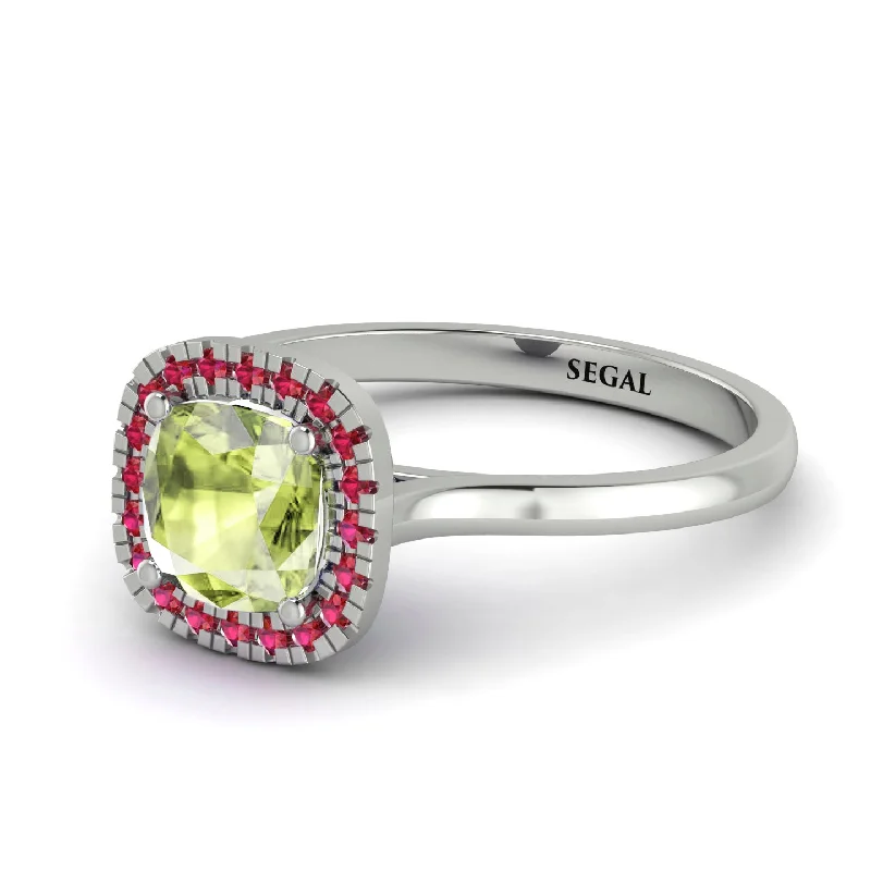 antique engagement rings for women -Vintage Classic Halo Cushion Peridot Ring - Skylar No. 712