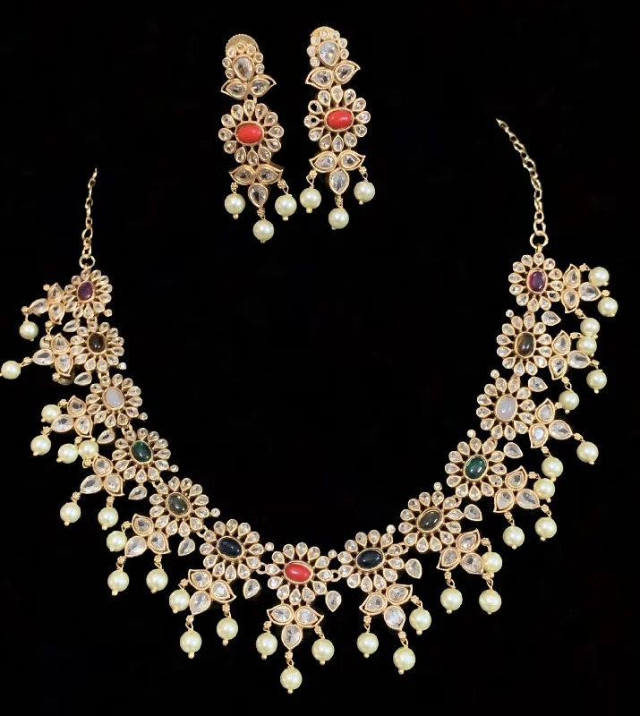 women's chain necklace -NS340 Navratan polki necklace ( READY TO SHIP )