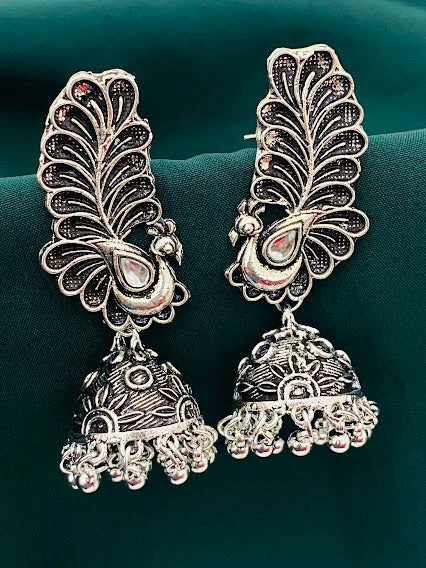 women's wedding earrings -Beautiful Peacock Model Designer Silver Oxidized Earrings For Women