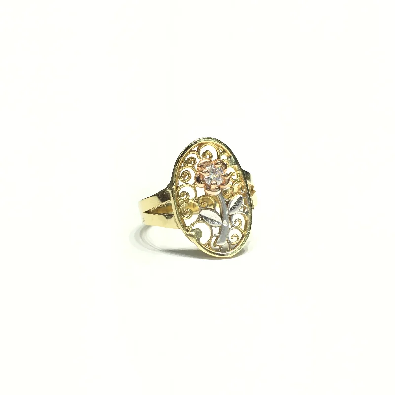 women's wide band ring -Rose and Vines CZ Oval Ring (14K)