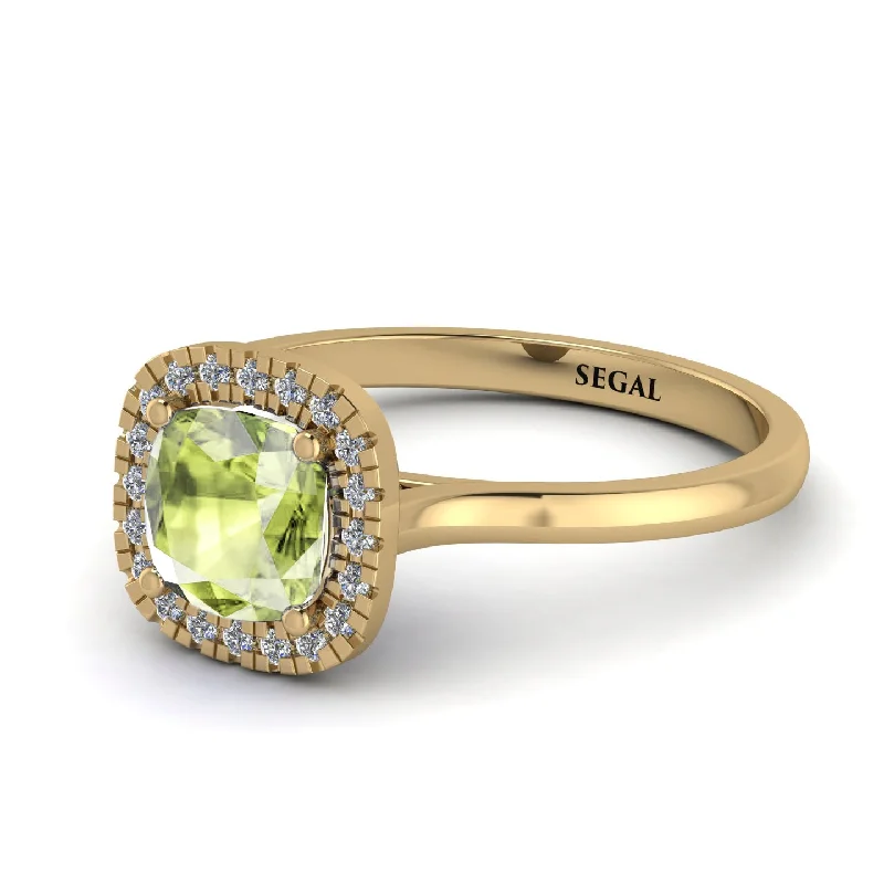 vintage gold engagement rings for women -Vintage Classic Halo Cushion Peridot Ring - Skylar No. 701