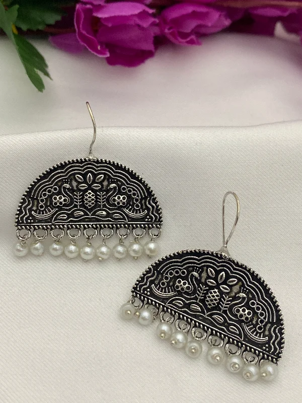 women's luxury pearl earrings -Stunning Oxidized Earrings With White Beads Hangings