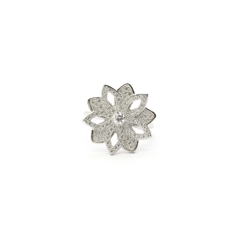 women's star ring -Five Petals Flower Outline CZ Ring (Silver)