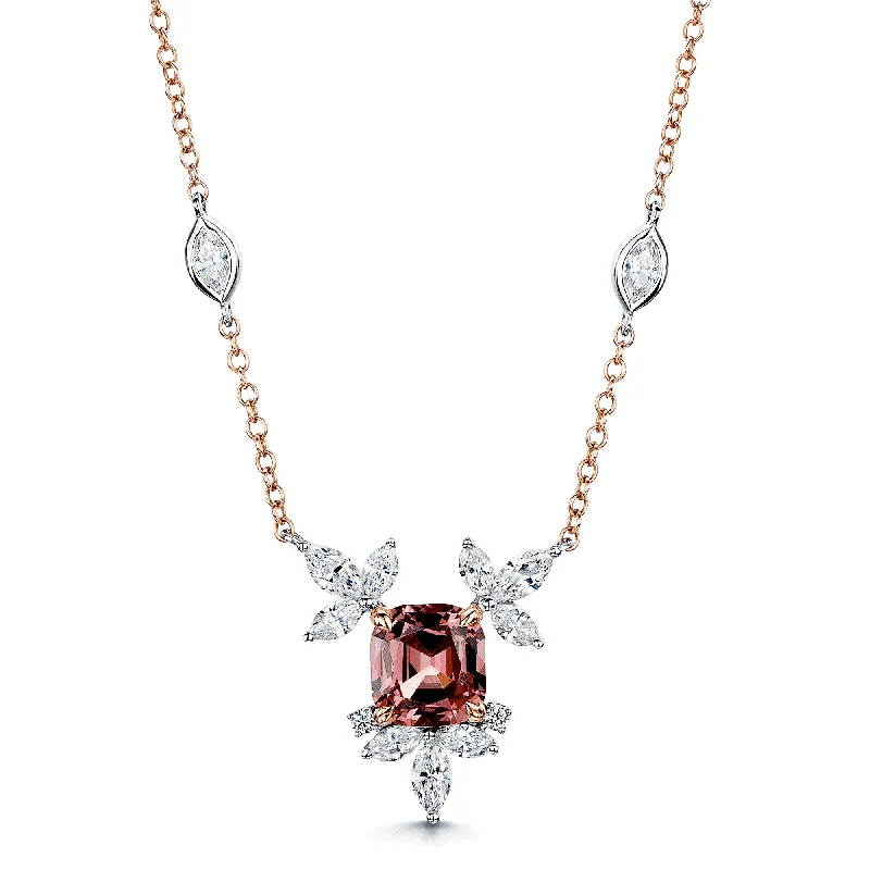 women's luxury necklace -18ct Rose & White Gold Malayan Garnet Marquise Diamond Flower Necklace With Marquise Cut Diamond Set Chain