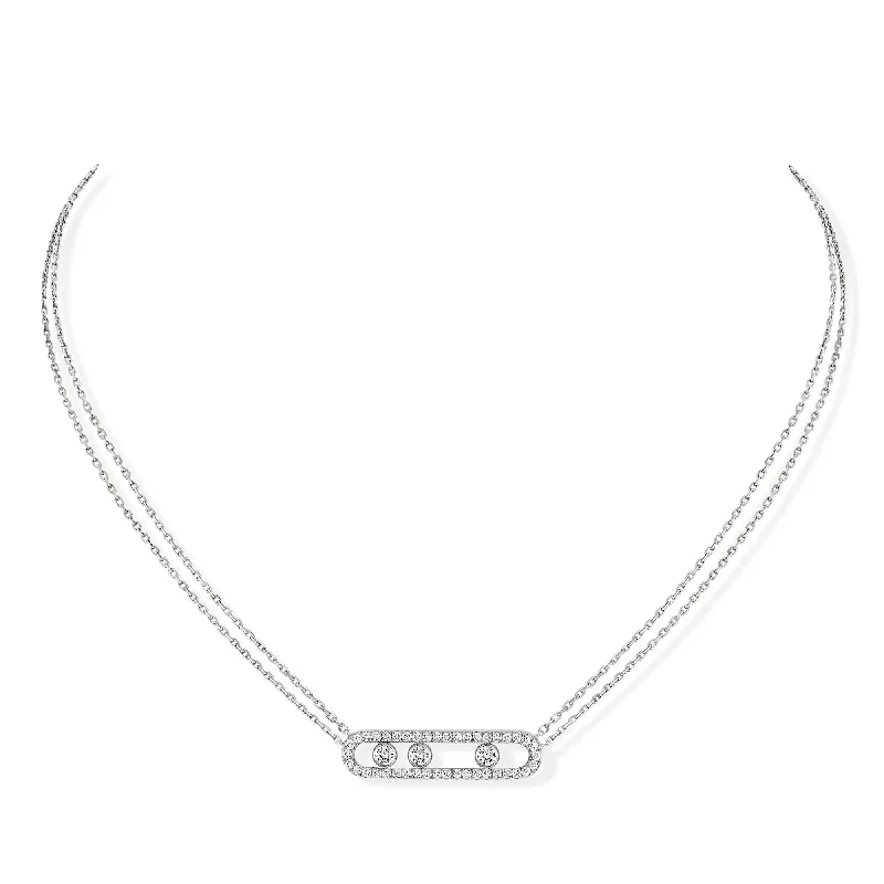 women's diamond choker necklace -18ct White Gold Move Pave Three Diamond And Pave Set Diamond Necklace