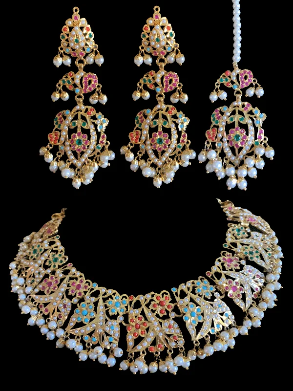 women's pearl necklace -BR74  Nayaab pearl jadau necklace - navratan ( SHIPS IN 4 WEEKS )