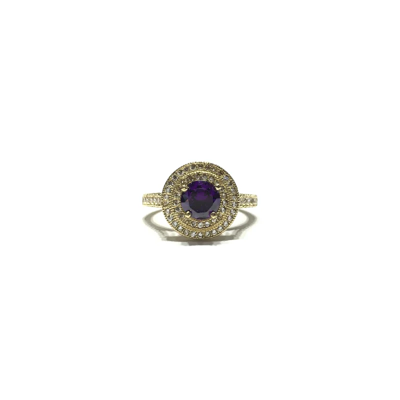 women's pearl ring -Purple CZ Double Round Halo Ring (14K)