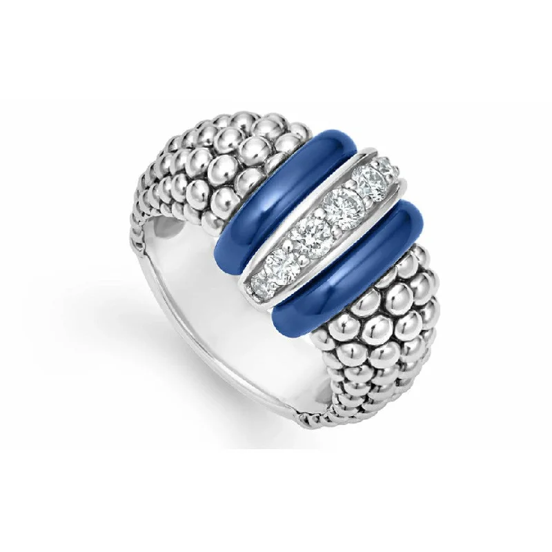 custom platinum engagement rings for women -Lagos Sterling Silver Blue Ultramarine Caviar 1 Diamond Station Fashion Ring