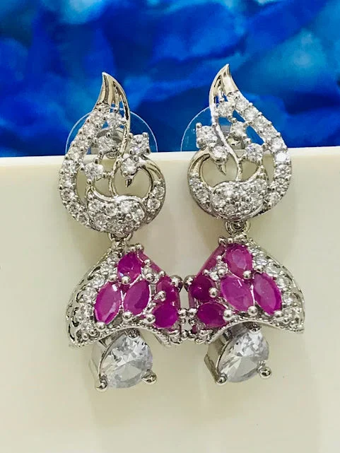 women's custom earrings -American Diamond Jumkha With Beautiful Pink Color Peacock Design