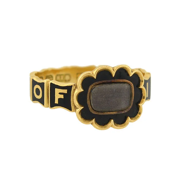 women's sapphire ring -Early Victorian English 18kt Enamel & Woven Hair Mourning Ring