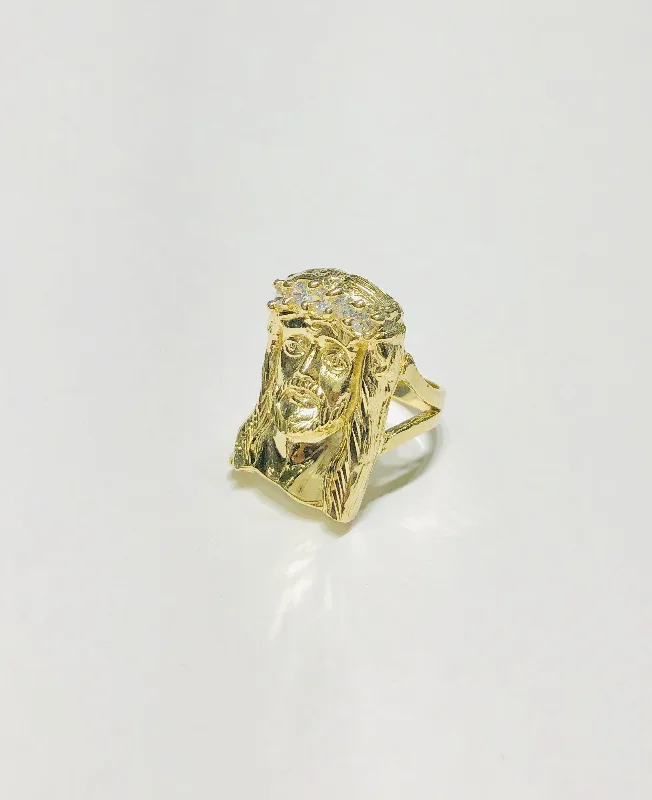 women's adjustable ring -Yellow Gold Jesus Head CZ Ring (10K)