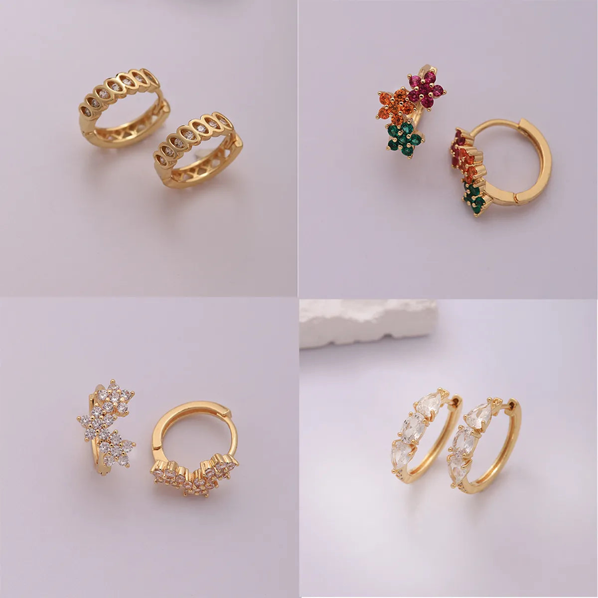 1 Pair Elegant Sweet Shamrock Four Leaf Clover Flower Plating Inlay Imitation Diamond Copper Zircon 18k Gold Plated Hoop Earrings