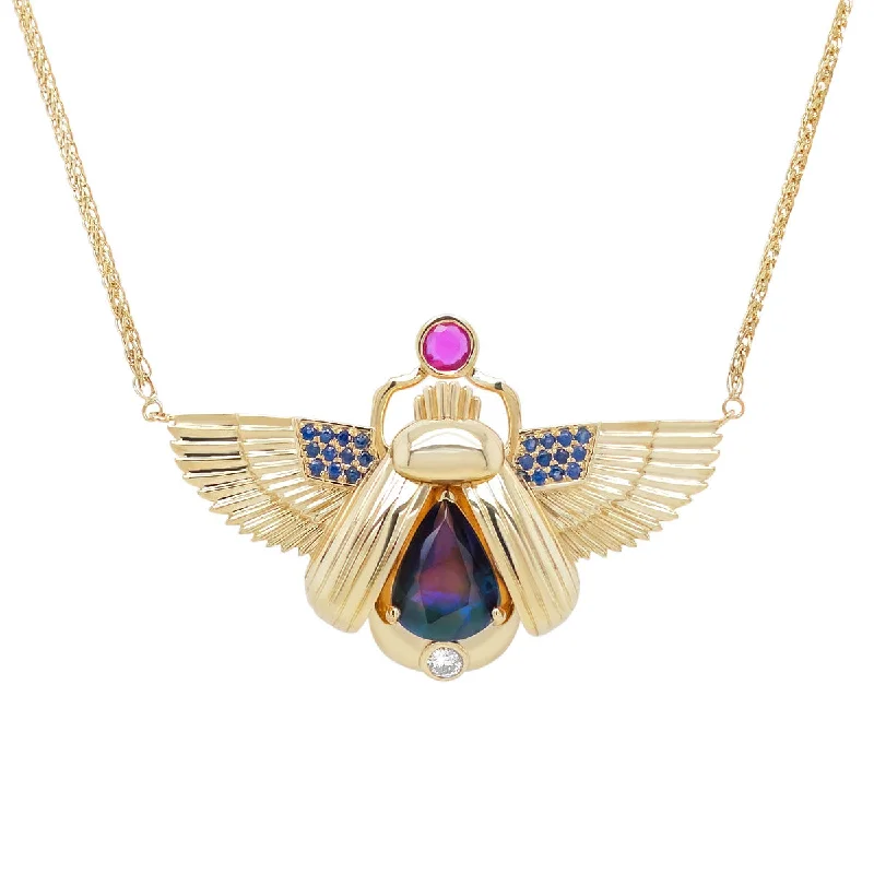 women's cross necklace -Scarab Necklace - Peacock Opal + Pink Sapphire