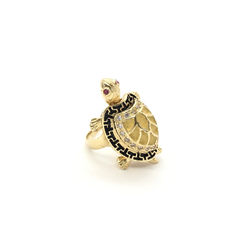 women's double band ring -Meander Yellow Shell Turtle CZ Ring (14K)