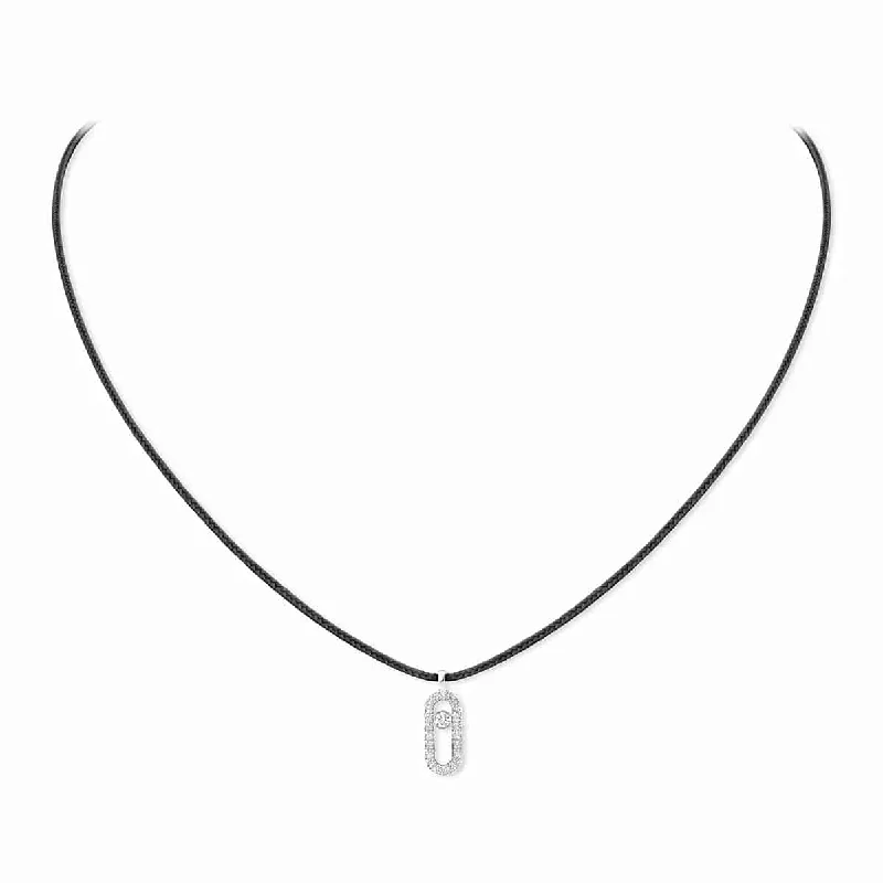 women's statement pendant necklace -18ct White Gold Diamond Messika Cares Necklace On A Black Cord