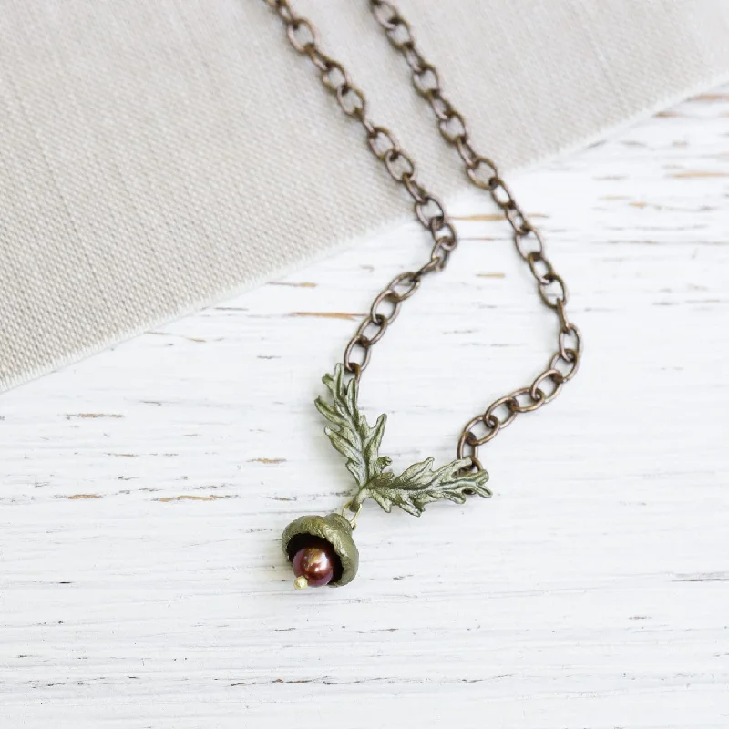 women's statement necklace -Acorn Chain with Pearl Necklace