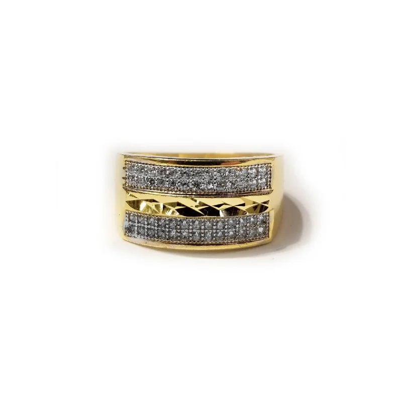 women's simple gold ring -Iced Out CZ Crystal Dual Bands Yellow Gold Ring