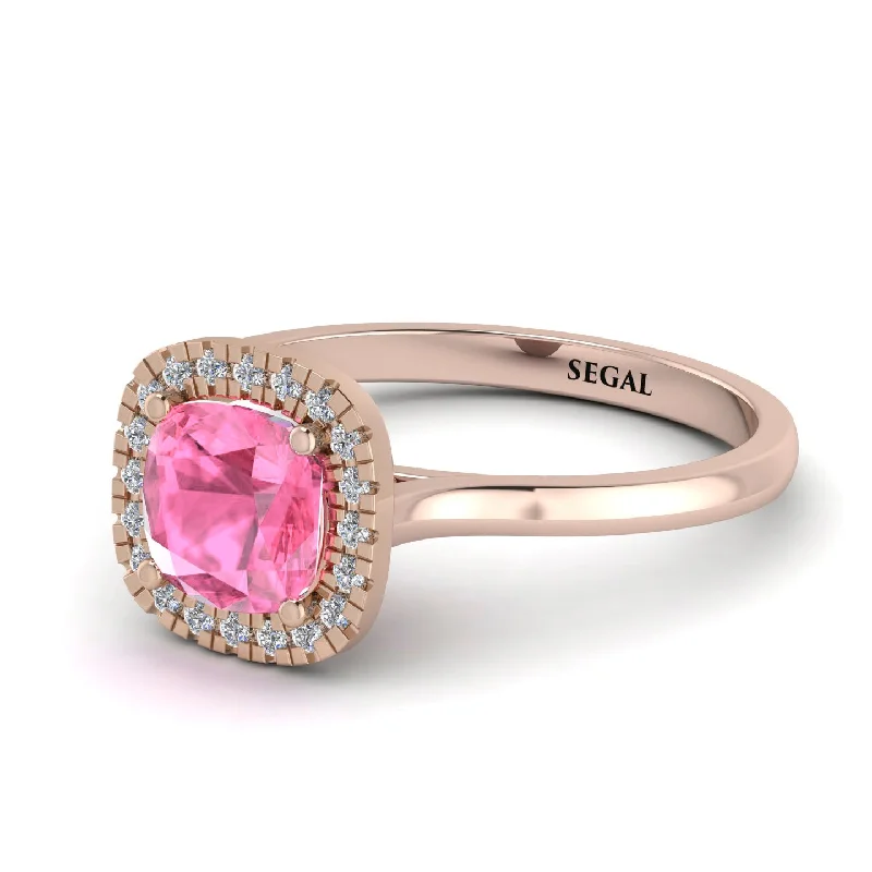 modern engagement rings for women -Vintage Classic Halo Cushion Pink Moissanite Ring - Skylar No. 802