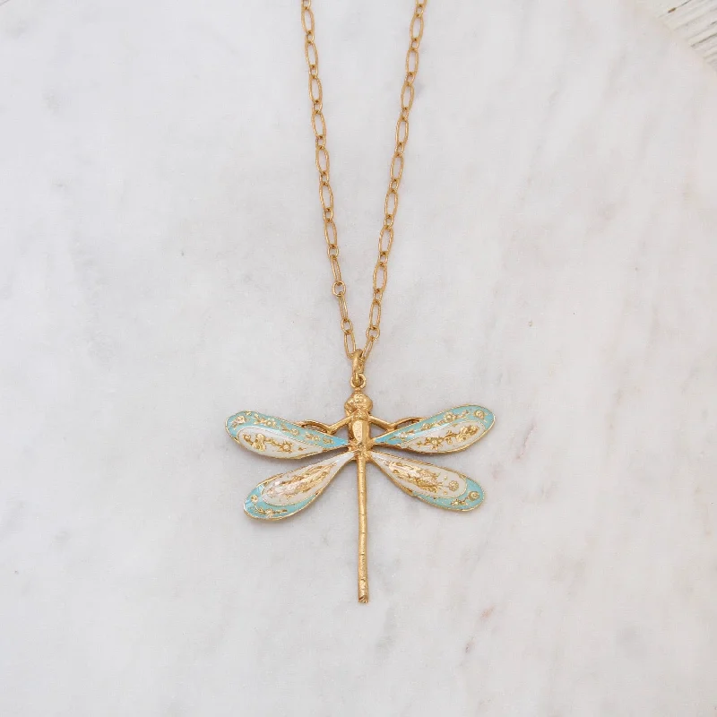 women's luxury pendant necklace -Enamel Dragonfly Necklace in Light Blue & White