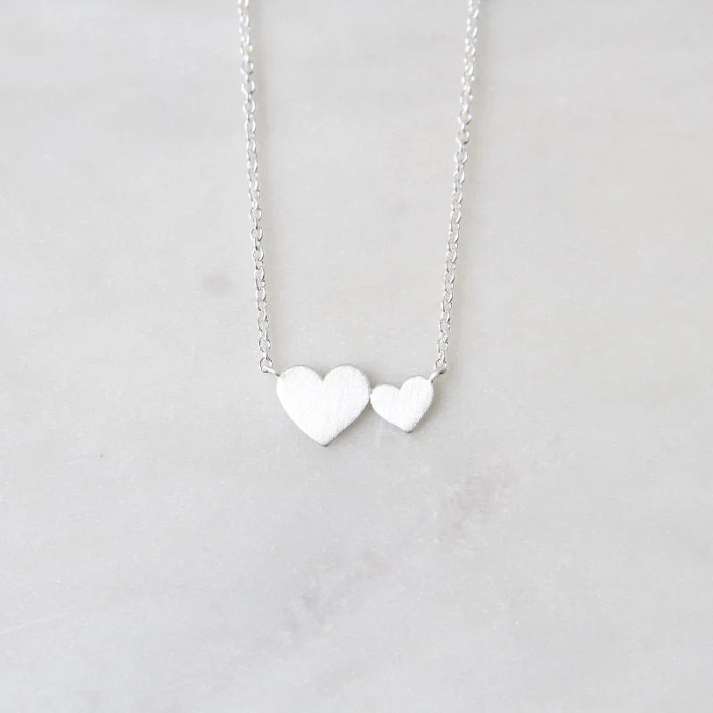 women's unique necklace -Brushed Sterling Silver Big & Little Hearts Necklace