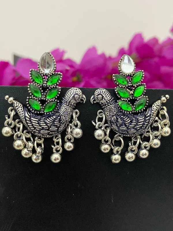 women's drop earrings -Elegant Glimmering Green Stone Peacock Design Earrings