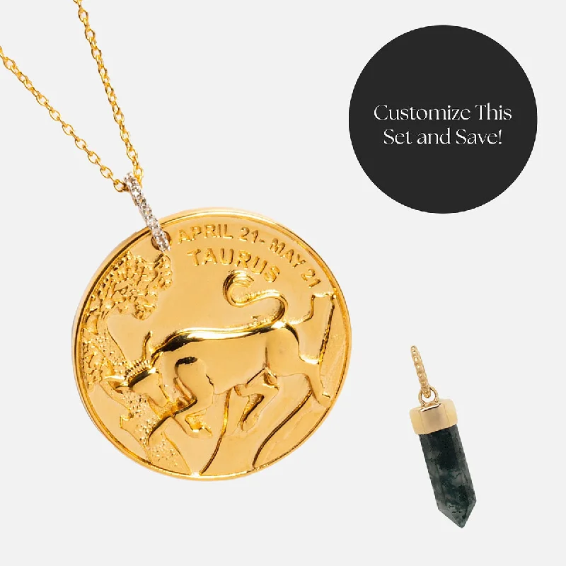 women's pendant necklace -Zodiac Coin and Crystal Charm Necklace Gift Set