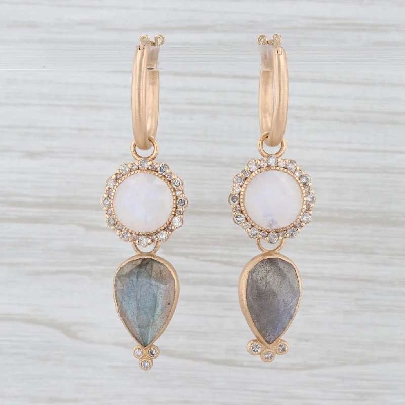 women's sapphire earrings -New Nina Nguyen Hoop Earrings 18k Gold Labradorite Moonstone Diamond Charms