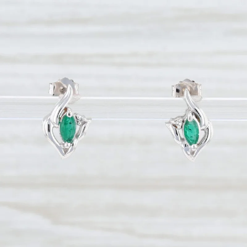 women's dangle earrings -New 0.26ctw Emerald Diamond Stud Earrings 14k White Gold May Birthstone Marquise