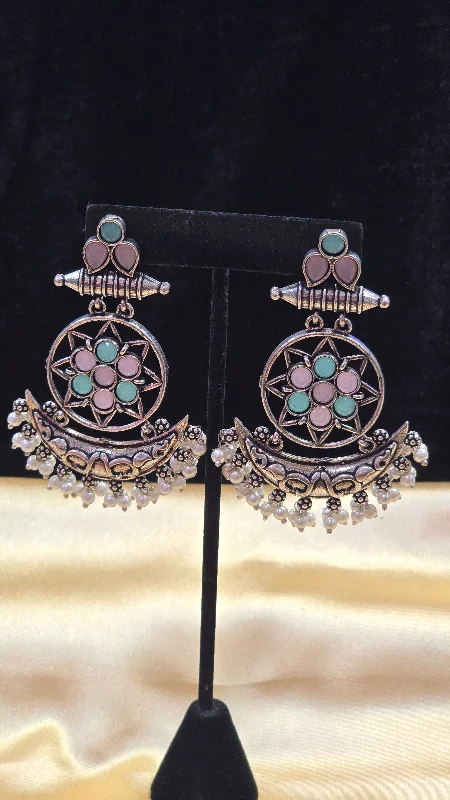 women's flower stud earrings -Pretty Pink And Green Long Earrings