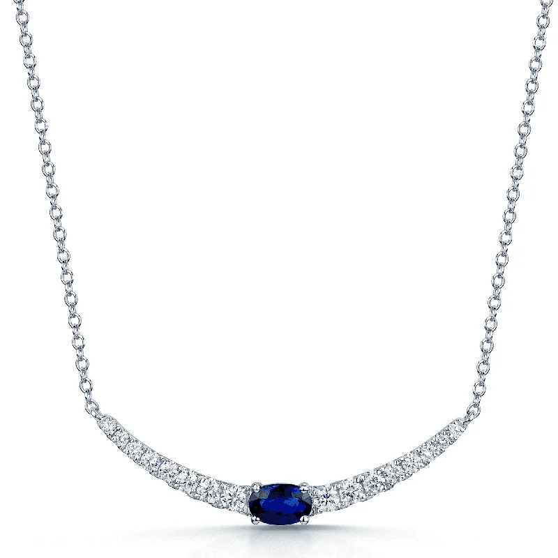 women's heirloom necklace -18ct White Gold Oval Sapphire And Round Brilliant Diamond Curve Necklace