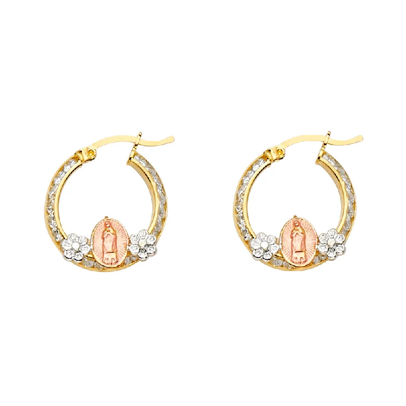 women's gold drop earrings -14K Our Lady of Guadalupe Tri-Color Hoop Earrings