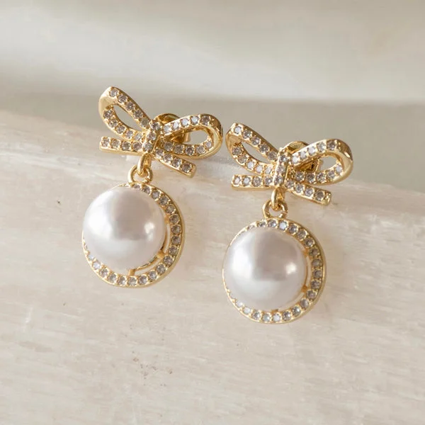 women's flower earrings -Pearl Bow Diamond Earrings