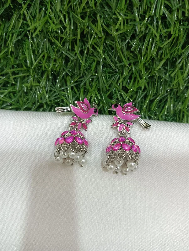 women's matching diamond earrings -Cute Light Pink Color Oxidized Stone Worked Earrings