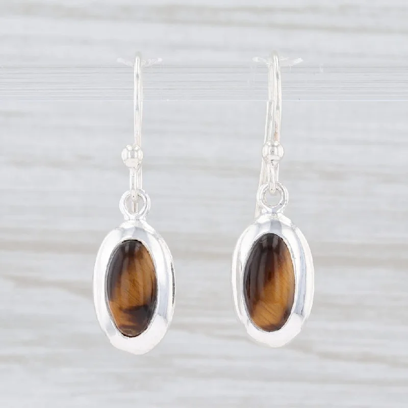 women's ruby earrings -New Brown Tiger's Eye Earrings Sterling Silver Hook Pierced Oval Solitaire Drop