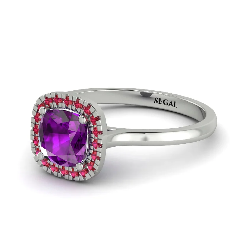 diamond engagement rings with side diamonds for women -Vintage Classic Halo Cushion Amethyst Ring - Skylar No. 312