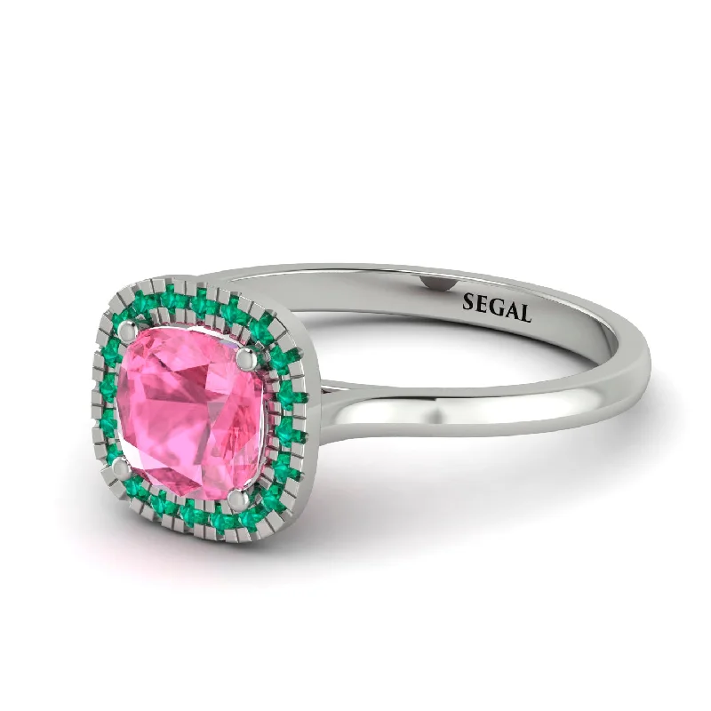 engagement rings with side stones for women -Vintage Classic Halo Cushion Pink Moissanite Ring - Skylar No. 806