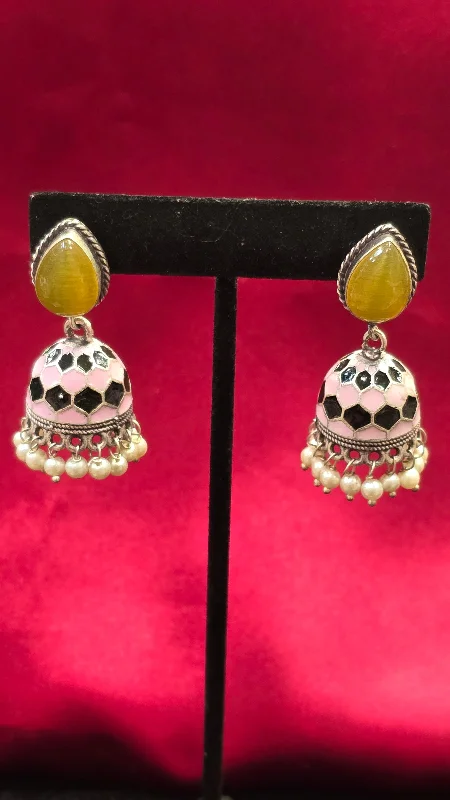 women's chic earrings -Jhumkis With Yellow Color Stone