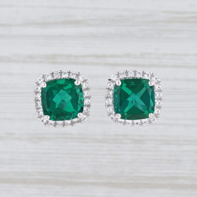 women's double hoop earrings -New Synthetic Emerald Synthetic White Sapphire Halo Stud Earrings 14k White Gold