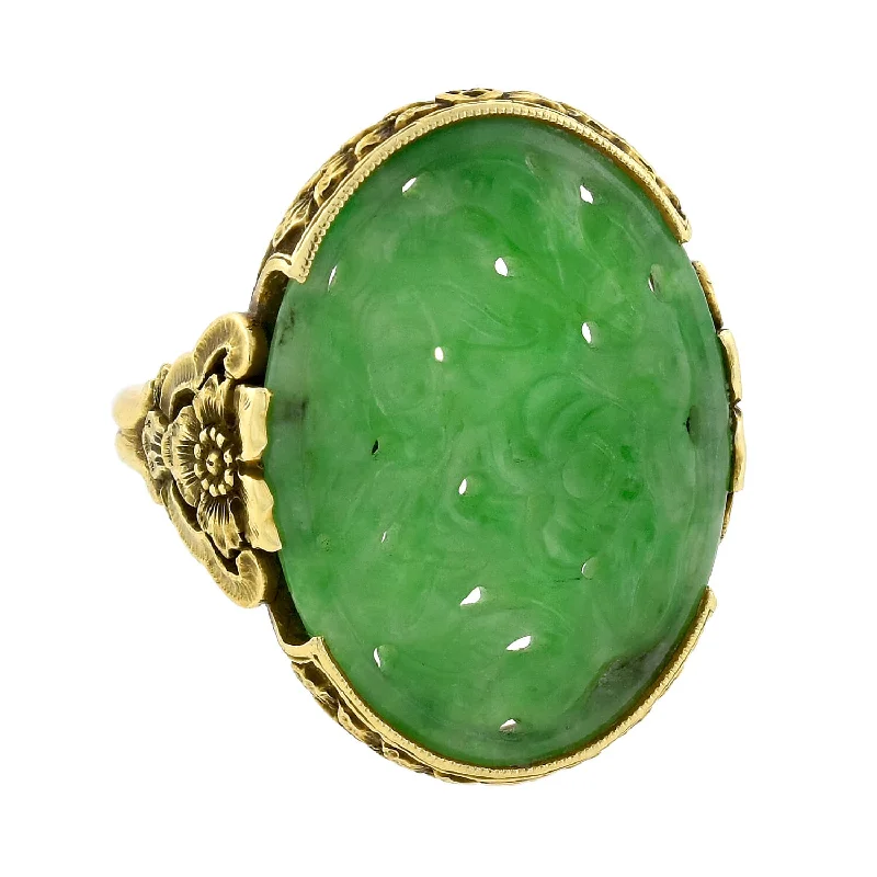 women's halo ring -Art Deco 18kt Hand Carved Natural Jadeite Floral Ring