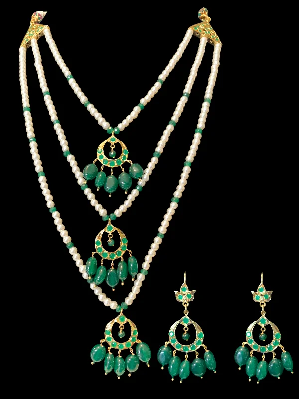 women's silver necklace -SAT71 Seema three layer  necklace with chandbali- green  ( READY TO SHIP )